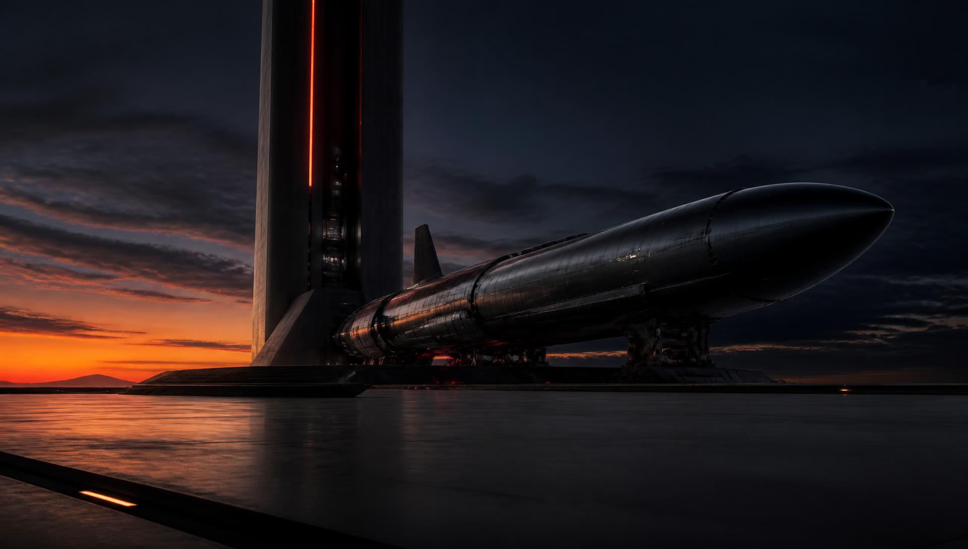 Dark metallic orbital spacecraft resting on a minimalist launchpad at dusk